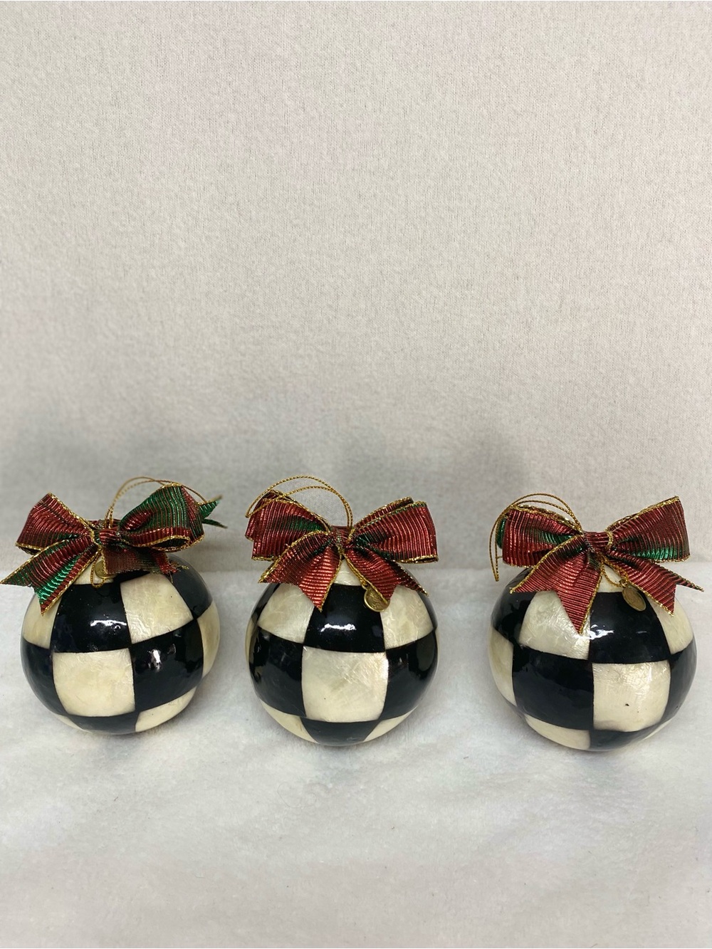 MacKenzie-Childs Set of 3 Courtly Check Jester Fancy Capiz 3" Christmas Ornament
